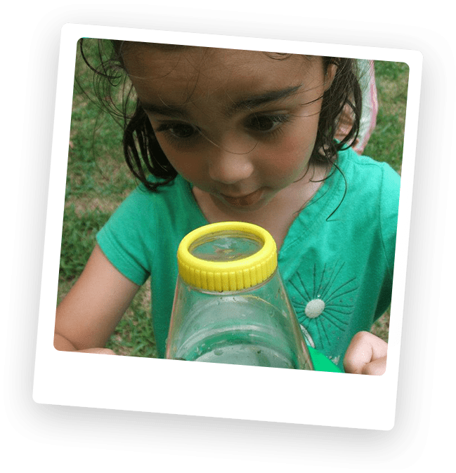 little girl at Sheldrake camp with eyes wide open looking at a bug in a container.