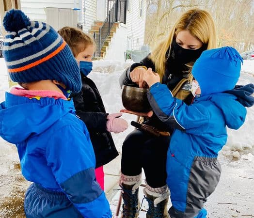 Preschoolers at Sheldrake in winter clothes.