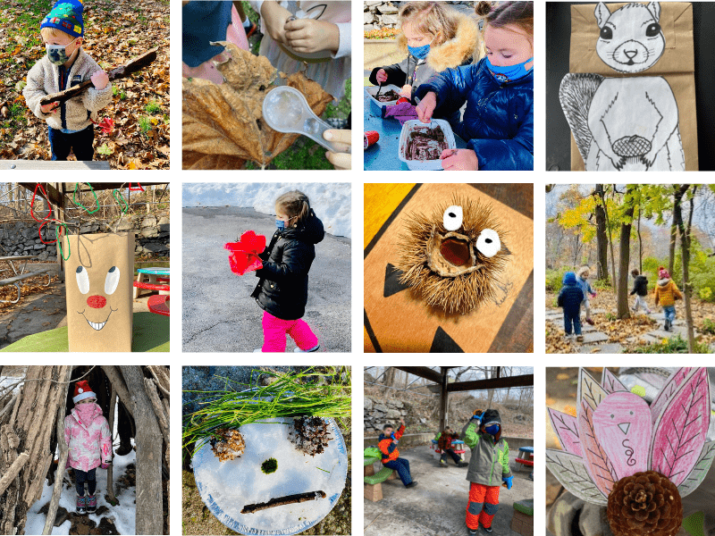 Collage of preschool kids doing activities at Sheldrake, and preschool arts and crafts.