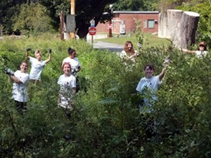 group picking up trash in Sheldrake field